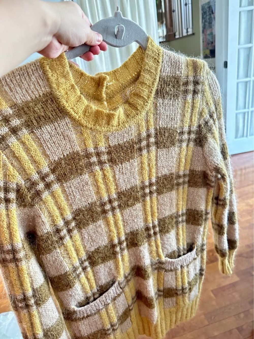 Marni Plaid Crewneck Sweater in Yellow and Cream with Brown Accents